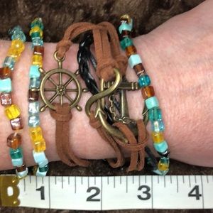 3/$25 Wrap Brown and Black Anchor Bracelet and Multi Color Stretch Bracelets